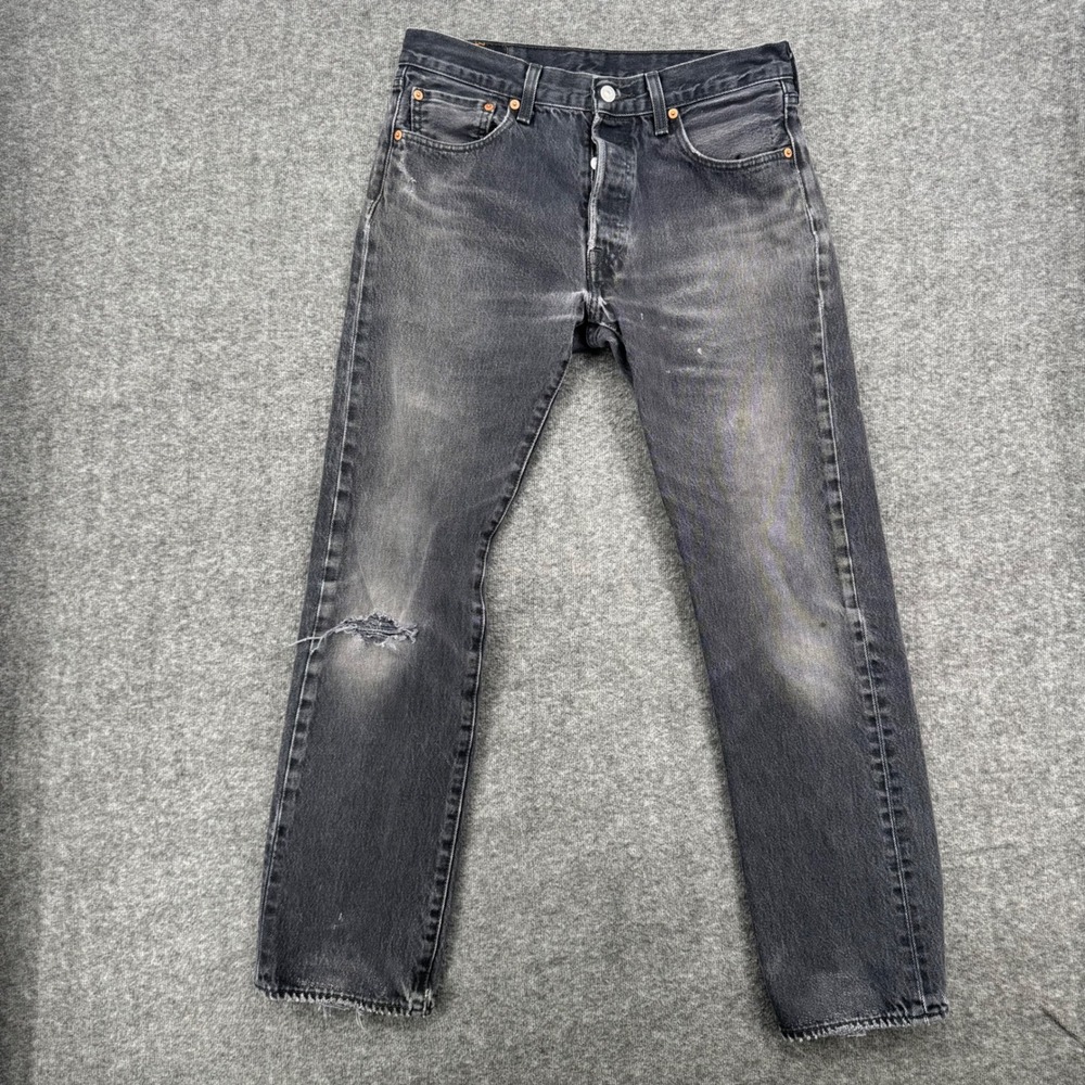Levis 501 Original Fit Jeans Faded Black Distressed Straight Leg 32 Rugged Work